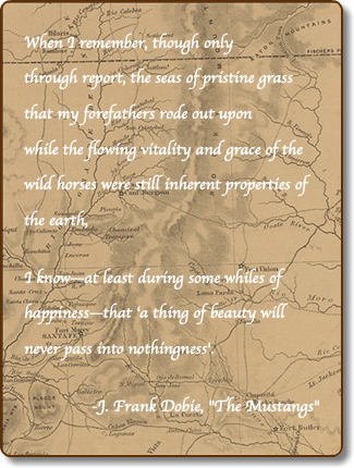 When I remember, though only  through report, the seas of pristine grass that my forefathers rode out upon  while the flowing vitality and grace of the wild horses were still inherent properties of the earth, I know—at least during some whiles of happiness—that ‘a thing of beauty will never pass into nothingness'. -J. Frank Dobie, "The Mustangs"